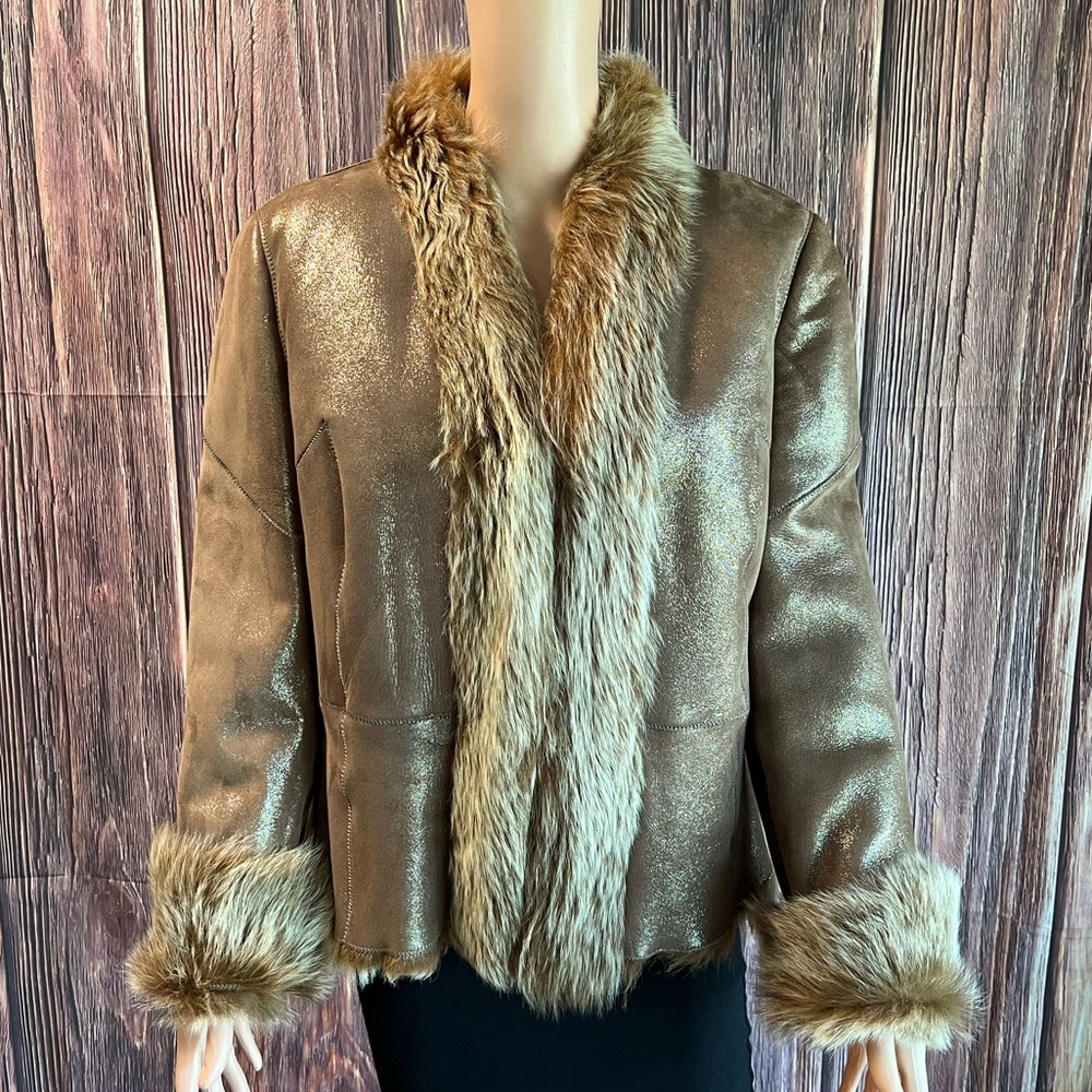 Saks Fifth Avenue medium large tan beige gold 100% leather fur vintage coat - Picture 2 of 16